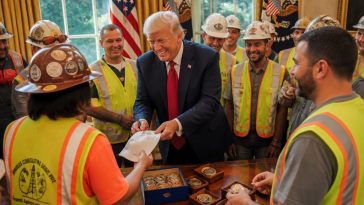 President Trump Presents Signed Hats and Challenge Coins to Crew