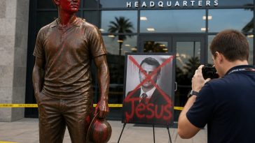 Vandals Douse Charlie Kirk Statue in Red Paint at TPUSA HQ